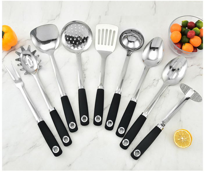 Kitchen Utensils Used in home cooks, hotel restaurant catering, turning raw ingredients into delicious meals. Include stainless steel turner, nylon ladle, silicone spoon, kitchen knife, collander, Spaghetti server, ect.These tools enhance efficiency, promote safety, and improve the overall cooking experience for both amateur and professional cooks.